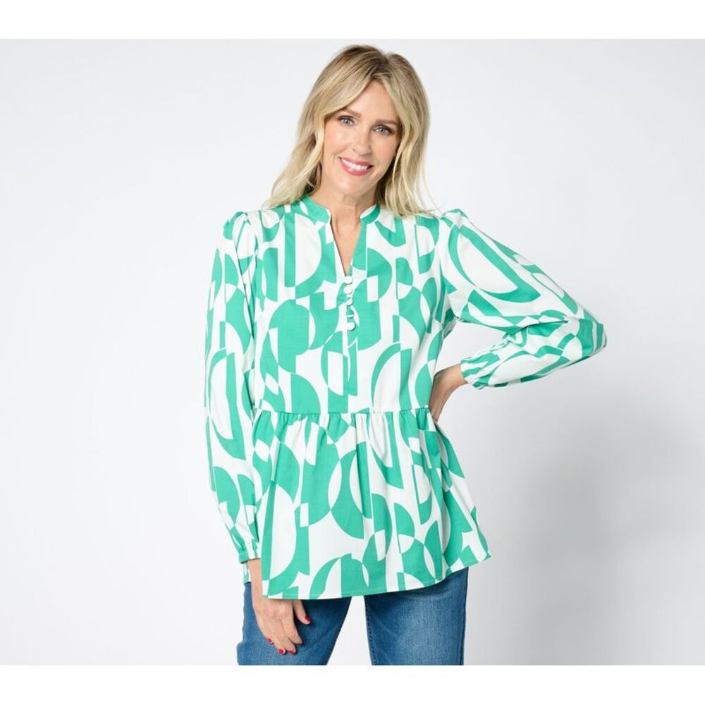 Bless My Sole Women's Top Sz L Geo Goddess Blouse Green A648163